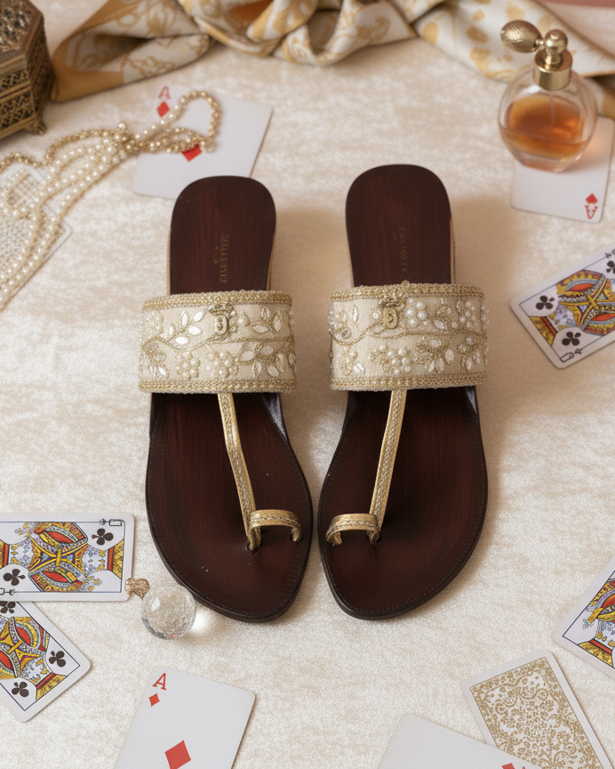 The Ace of Gold | Ivory Embroidered Kolhapuri Chappals